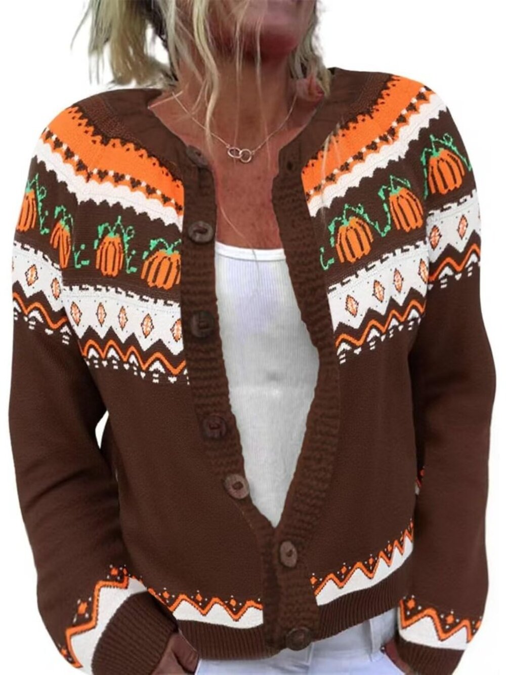 Women’s Brown Pumpkin Fair Isle Thanksgiving Fall Knit Cardigan Sweater